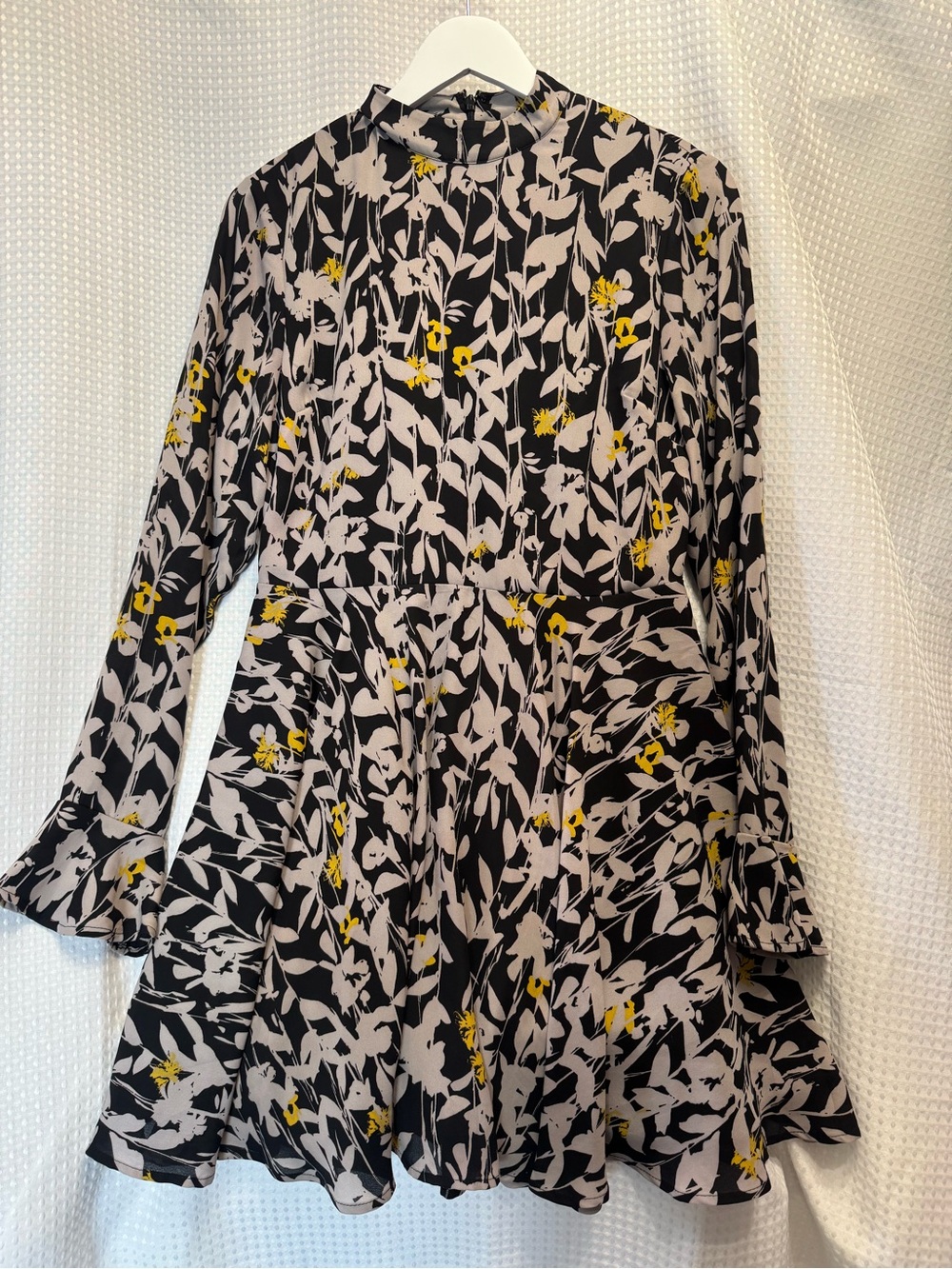 GUESS Black Floral Long-Sleeve Fit-and-Flare Dress with Yellow Accents